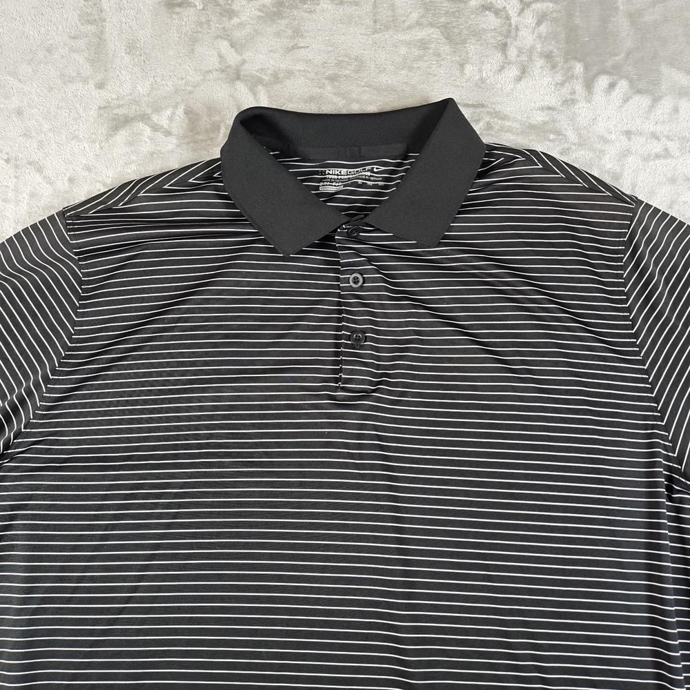 Nike Golf Polo‎ Shirt Mens XXL Black White Striped Tour Performance Embroidered